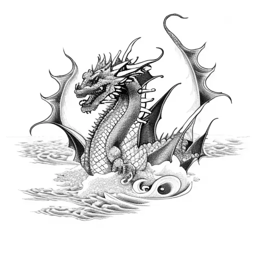 A Fire-breathing Dragon Emerging From The Sea In A Blackwork Style