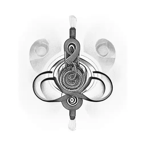 A Blackwork Tattoo Of A Music Note Intertwined With A Film Reel