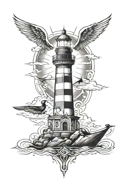 Full Chest And Arms Tattoo With A Lighthouse And A Trinyti Symbol And A Cross