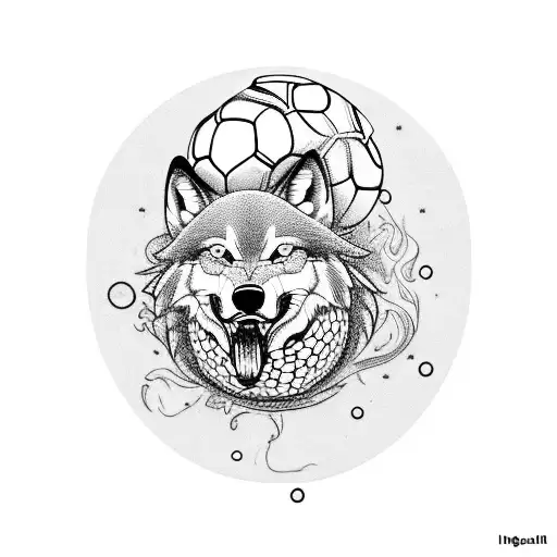A Blackwork Tattoo Of A Wolf Running With A Soccer Ball