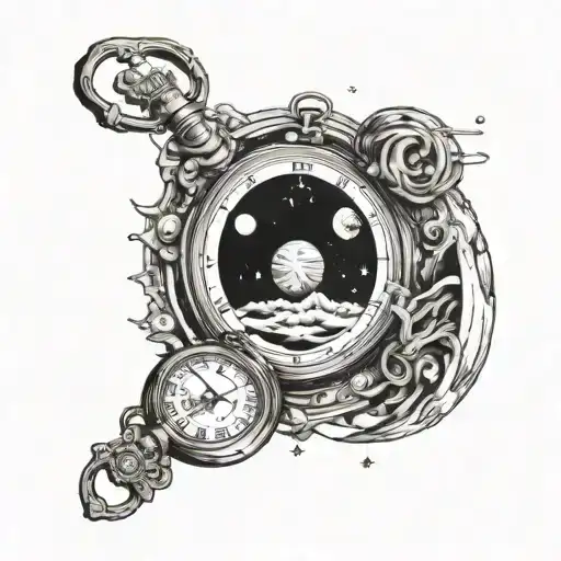 A Cosmic Tattoo Featuring A Black Hole Sucking In A Pocket Watch And Planets