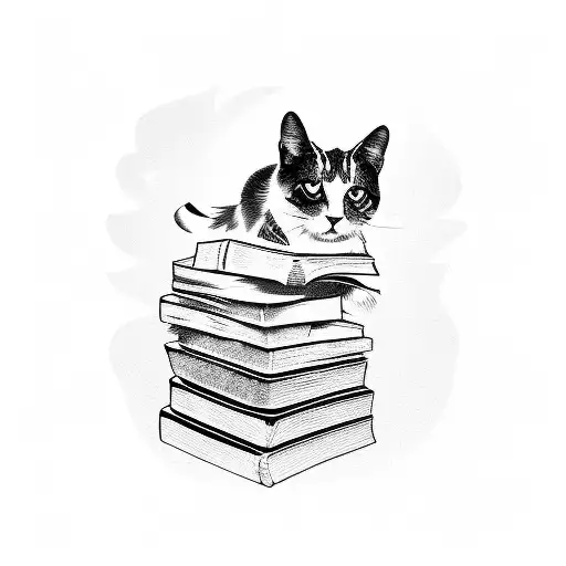 A Stack Of Books With A Cat Silhouette Jumping Over It