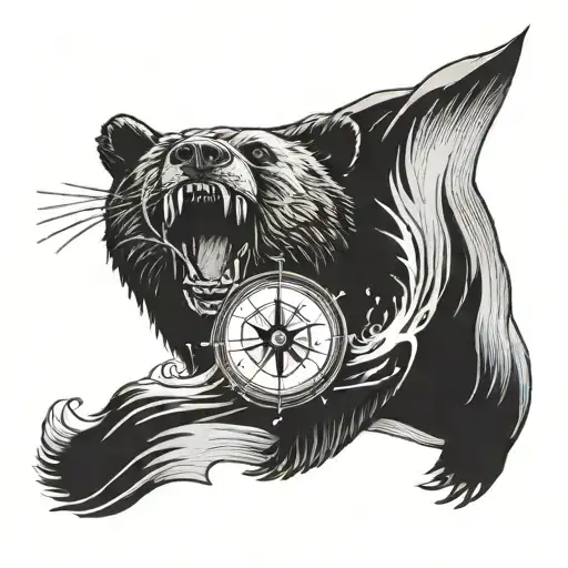 Bear Roaring Agressivly In The Sea With A Compass And Anchor By The Side Of The Bear