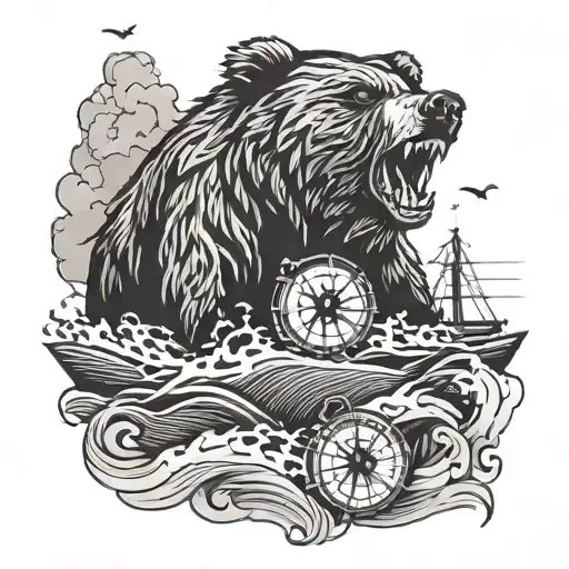 Grizzly Bear Roaring By The Sea Waves With A Compass And Anchor Next To The Bear Roaring
