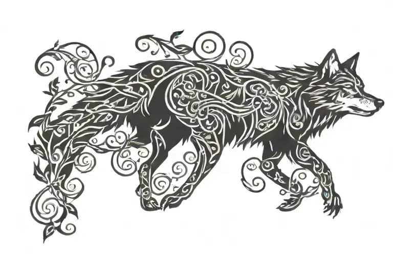 Wolf With Vine Background Black