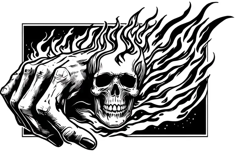 Hand Tattoo With A Skull With Fire