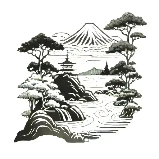 Japanese Zen Garden With A Silhouette Of Mount Fuji In The Background