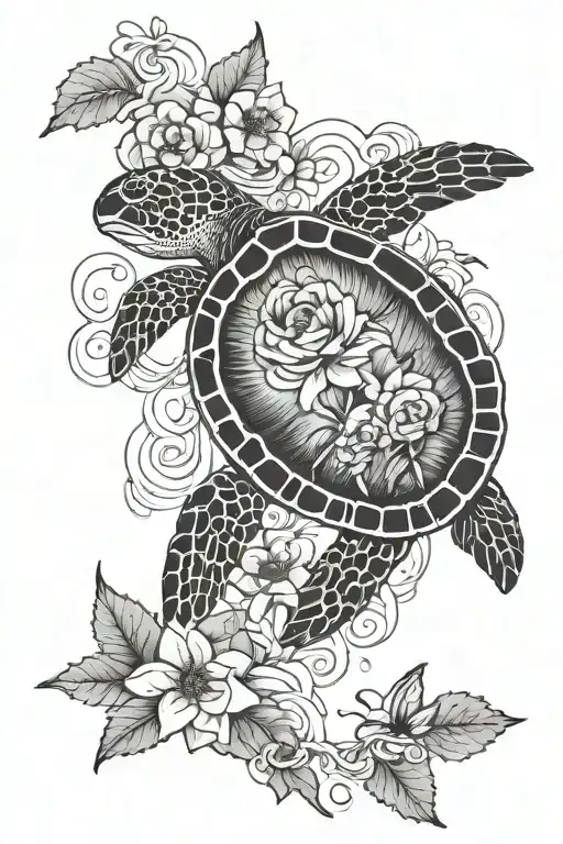 Black And Grey Tattoo Of Sea Turtle With Flowers And Waves