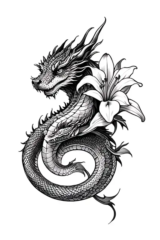 Dragon Snake Dragon Dog With Lilly Flower