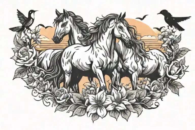 Horses With Birds Flowers And Sunset Sky