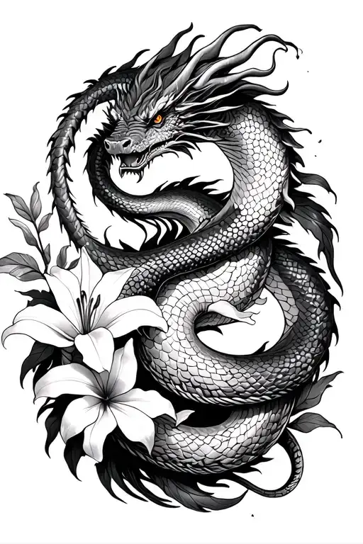 Dragon And Snake Intertwined With Dragon And Dog With Lilly Flower