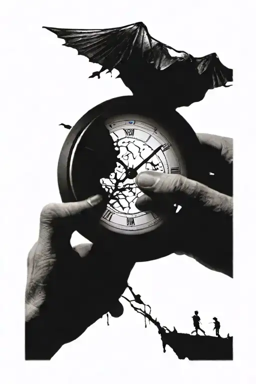 A Broken Clock Face With A Little Man Pushing Back The Hour Hand As If He's Pushing Time Back