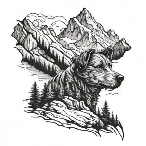 Tattoo Design Of A Portrait A Dog Face Hidden As A Mountain Scene