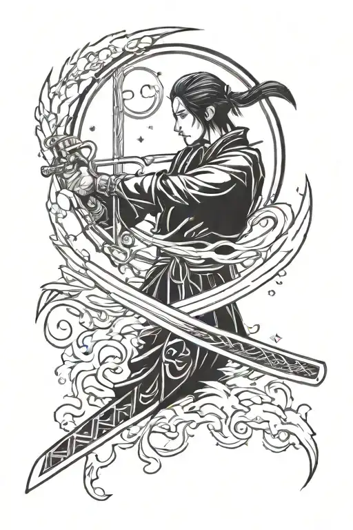 Katana With Fire And Sun Moon Stars
