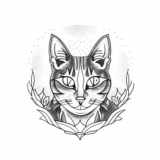 A Blackwork Tattoo Of A Cat Surrounded By A Forest