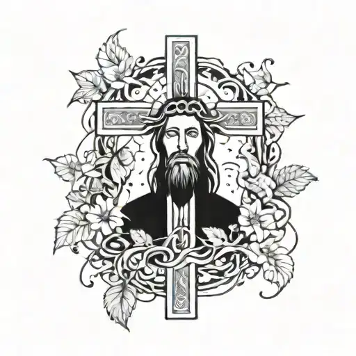 Cross With Jesus On It Surrounded By Vines Growing
