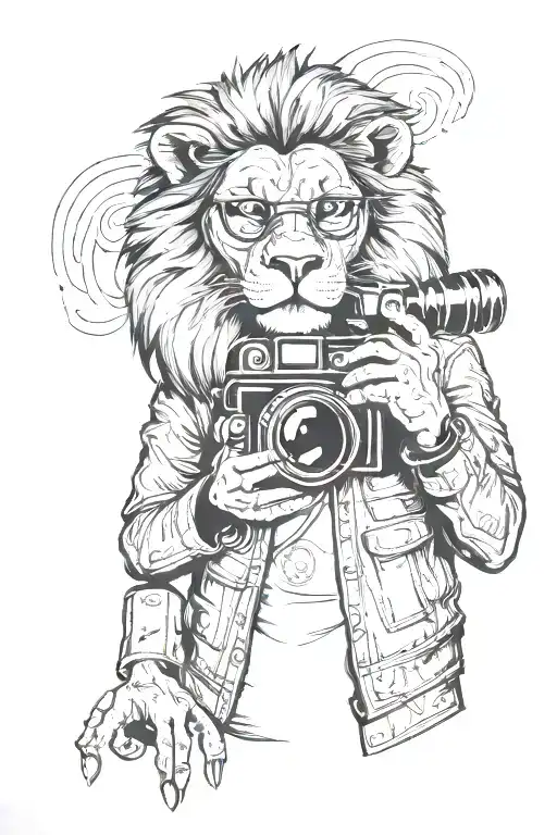 Chicano Lion In A Jacket Holds A Camera In His Hands