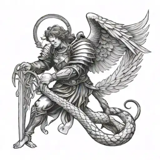 Archangel Michael Killing Snake By Sword