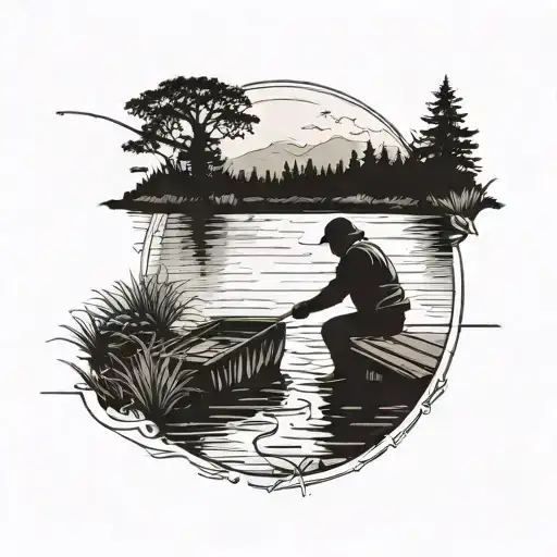A Detailed Silhouette Of A Fisherman Casting A Line Into A Serene Lake