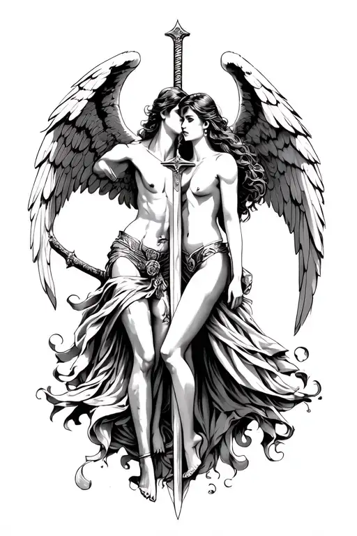 Male Angel And Female Angel And Sword Sexy Intertwined