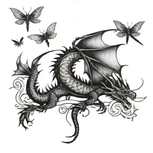 Dragon And Dragonflies Flying