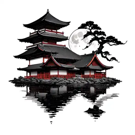 Japanese Temple With The Moon De Fondo