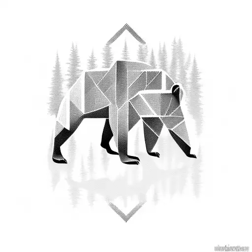 A Geometric Bear Silhouette Against A Background Of Pine Trees