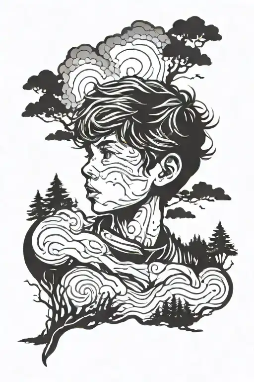 A Young Boy Facing A Storm In A Forest