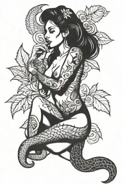 Nude Girl Smoking Weed Snake Wrapped