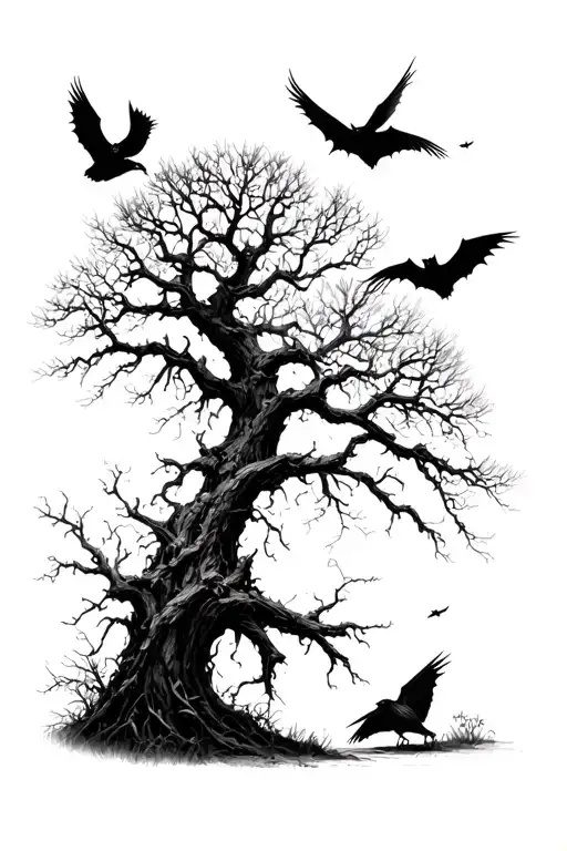 Dark Forest Scene With Crows Flying Away And Bats Flying Across