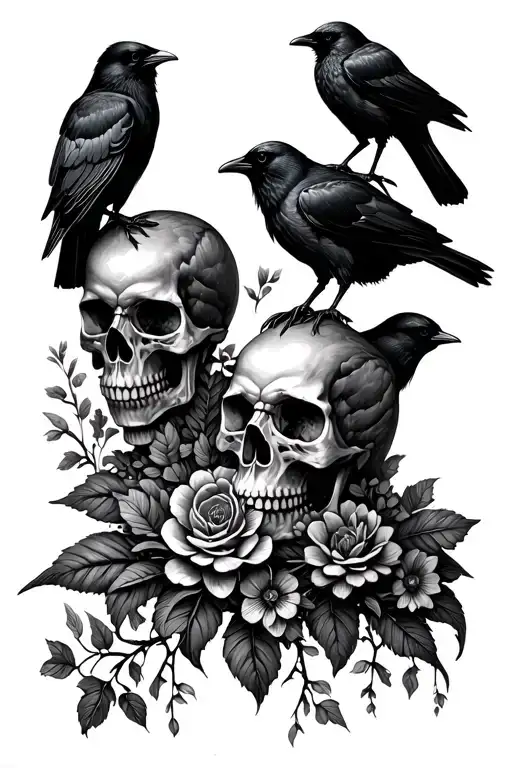 Dark Forest Scene With Crows And Skulls And Flowers