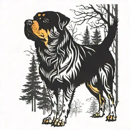 A Rottweiler Silhouette Standing In A Mystical Forest