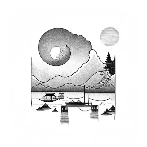 Lake With Moon Reflection And Docks On Horizon