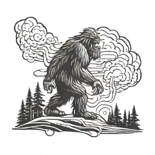 Storm Clouds And Bigfoot With Forest Silhoutte Standing Inside
