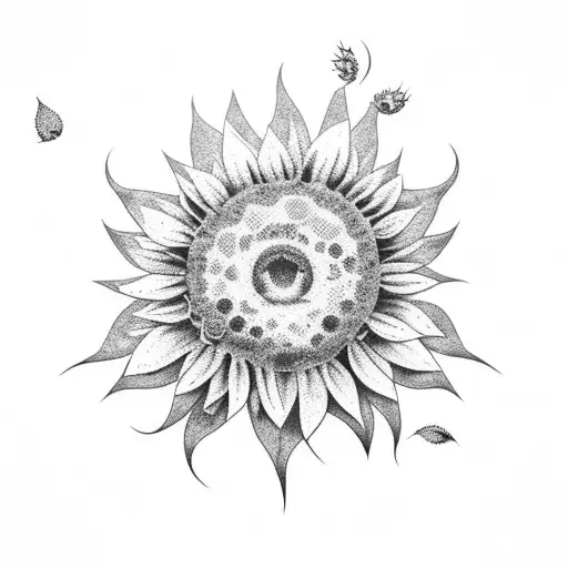 A Dotwork Skeletal Tree With Sunflower Petals Falling Like Leaves