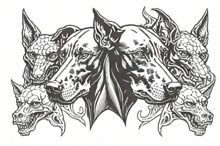 Vicious 3 Headed Doberman Dog Head And Skulls