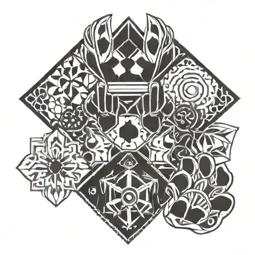 A Geometric Pattern Incorporating Dog Paws And Military Insignia In Blackwork Style