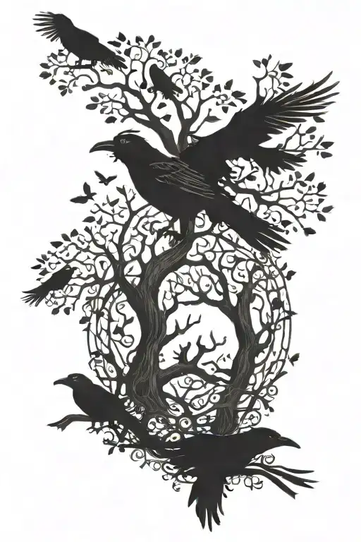Tree Of Life Surrounded By Ravens Huginn And Muninn