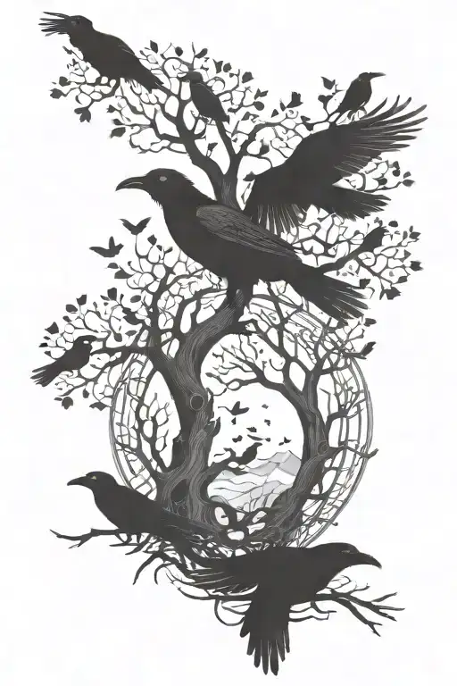 Tree Of Life Surrounded By Ravens Huginn And Muninn