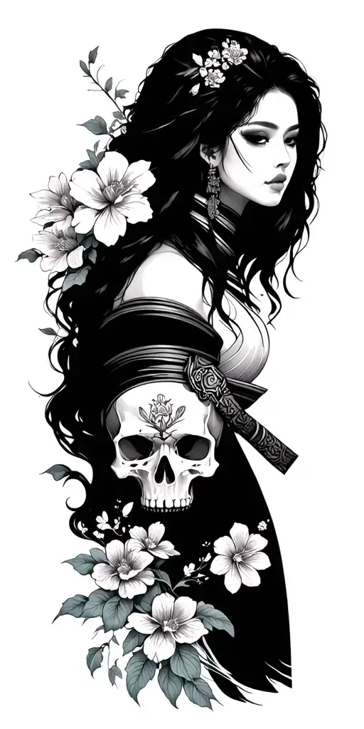 Sexy Samurai Woman Skull Whit Flowers And Waves