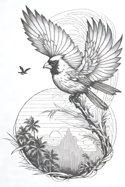 Cardinal Flying Toward Palm Tree