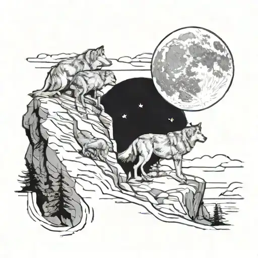 Wolves On A Cliff With The Moon
