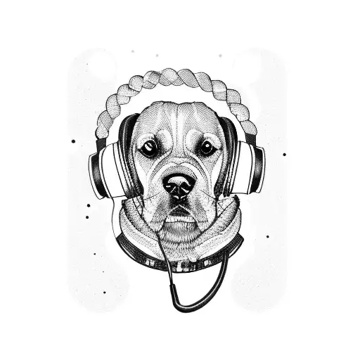 A Blackwork Tattoo Of A Dog Wearing Headphones Listening To Music