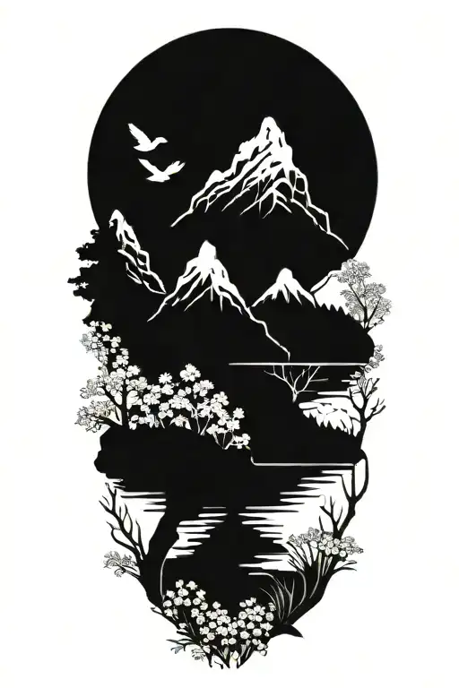 Mountain Tree Lake Reflection Forget Me Nots