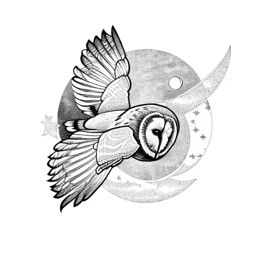 Barn Owl Flying With Moon And Stars In Background Tattoo