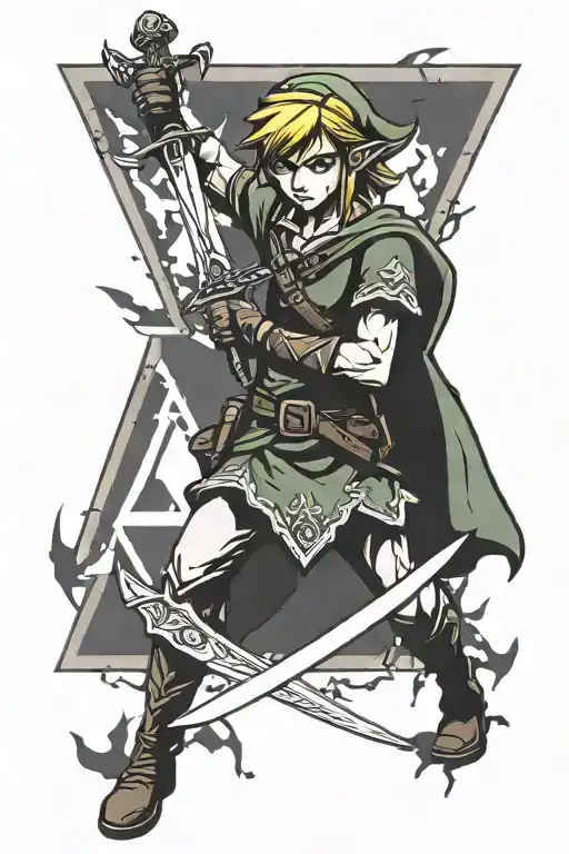 Link Holding A Sword With Blood At The Tip And A Triforce Logo Behind Him