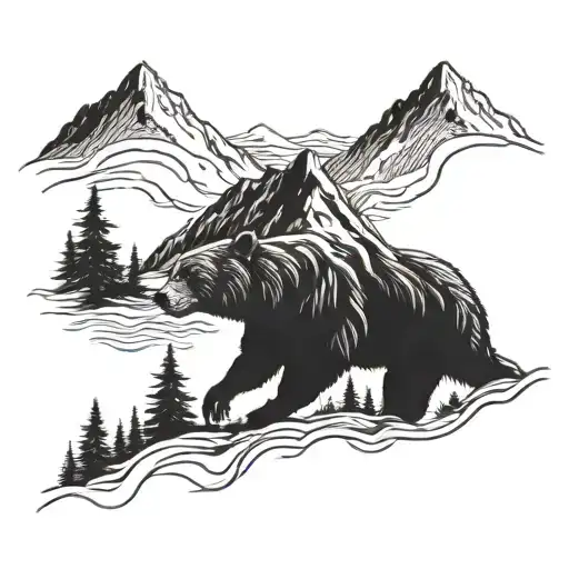 A Detailed Blackwork Tattoo Of A Bear Running Through A Mountain Landscape
