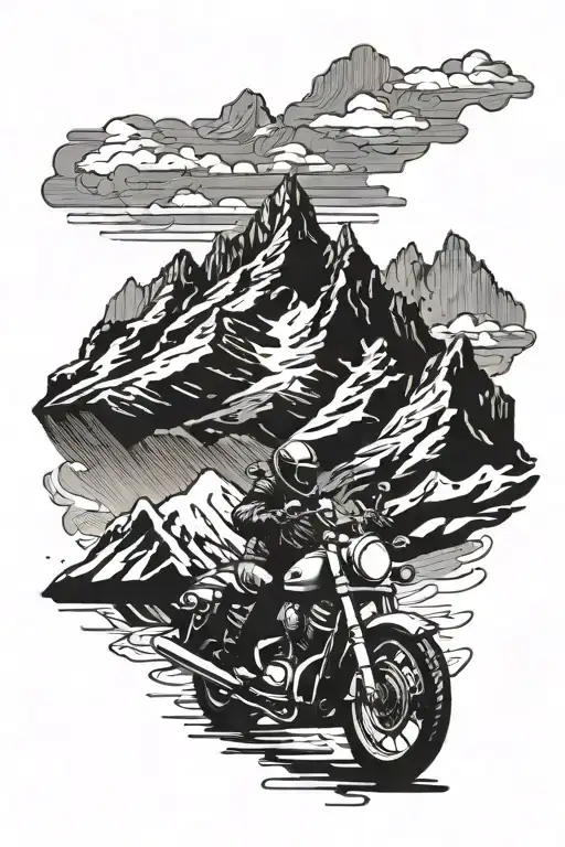 A Detailed Mountain Range Silhouette With A Motorcycle Riding Through It