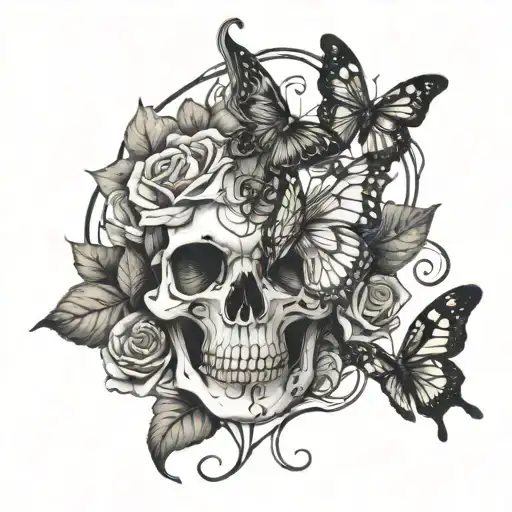 Skull Roses Butterfly On Vines Wrapped