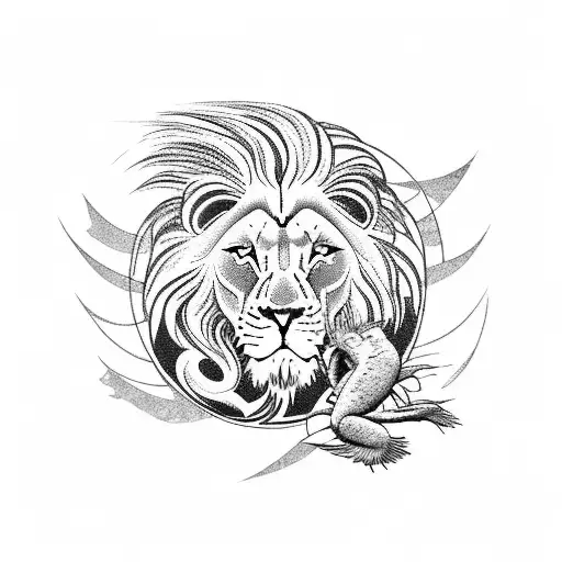 Lion In Background With White Doves Plus A Wave Underneath With A Fish Under The Wave And A Crab Tattoo